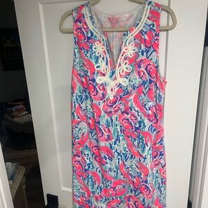 Lilly Pulitzer Vintage Sleeveless Lobster Shift Dress with Embroidered Neckline